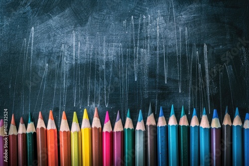 Chalk Board With Pencils. Dark Blackboard Texture with Copy Space for Drawing photo