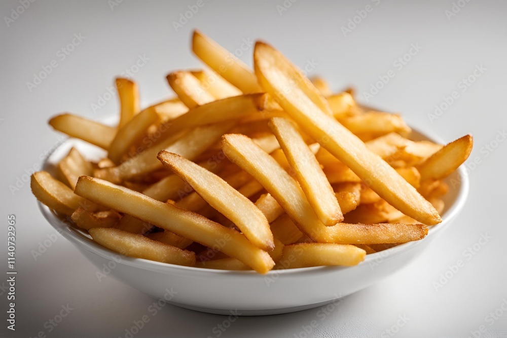 Close-up of golden, crispy French fries in a white bowl, with a simple, blank background. The fries are neatly arranged, showcasing their texture and color. Close-up of golden, crispy French fries in a white bowl, with a simple, blank background. The fries are neatly arranged, showcasing their texture and color.