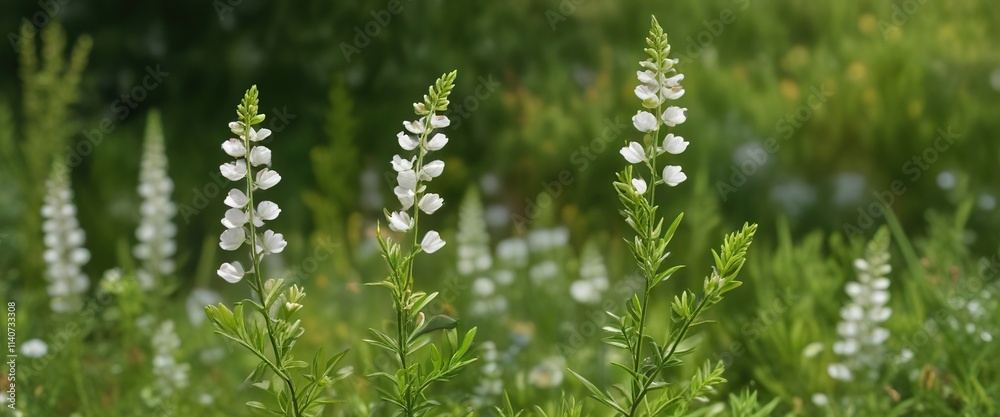 Small white flowers of alpine milkvetch on a green stem , plant, herb Small white flowers of alpine milkvetch on a green stem , plant, herb