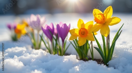 A vibrant scene showcasing the first signs of spring, with blooming flowers such as crocuses and daffodils pushing through the thawing ground. 