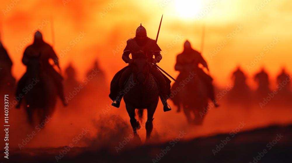 Fototapeta premium Silhouetted medieval knights on horseback riding into a fiery sunset.