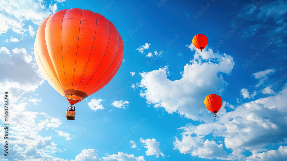Naklejka premium Vibrant Orange Hot Air Balloons Soaring Across a Clear Blue Sky with Fluffy White Clouds in the Background on a Bright Sunny Day