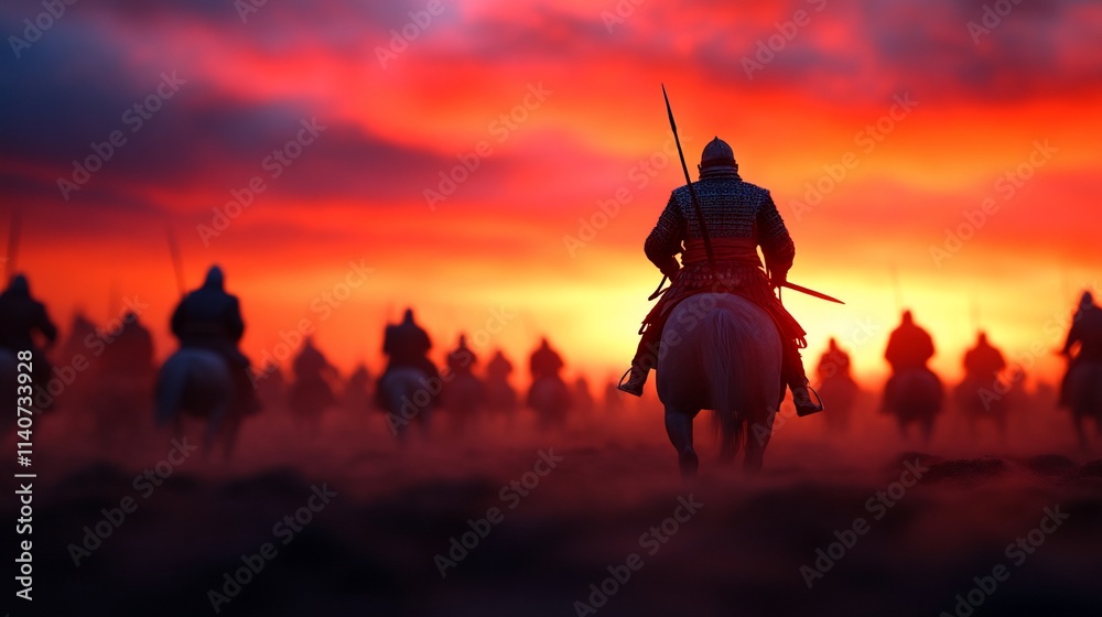 Fototapeta premium Silhouetted knight on horseback leads army at sunset.