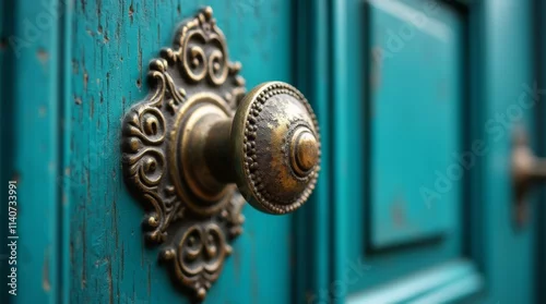 Obraz Intricately designed vintage brass door knob mounted on a vibrant teal wooden door, showcasing elegant decor and emphasizing classical architectural style 