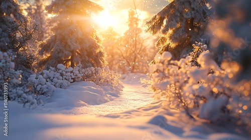 A serene winter landscape with snow-covered trees and sunlight filtering through, creating a magical atmosphere.