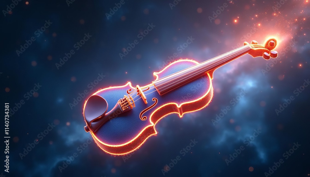 Fototapeta premium A surreal design featuring a glowing violin floating in outer space, surrounded by swirling galaxies, vibrant nebulae, and shimmering stars
