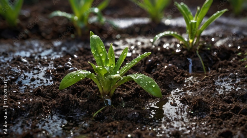 A close-up view of wet soil, showcasing its rich texture and dark color after a recent rain. A close-up view of wet soil, showcasing its rich texture and dark color after a recent rain.