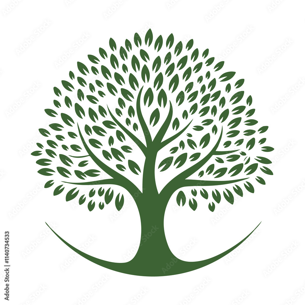Obraz premium Vector Illustration of a Beautiful Tree with Thick Brown Trunk, Branches, and Green Grass on White Background