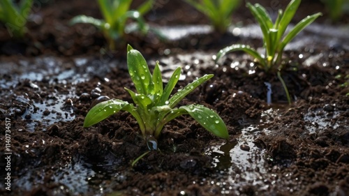 A close-up view of wet soil, showcasing its rich texture and dark color after a recent rain. 