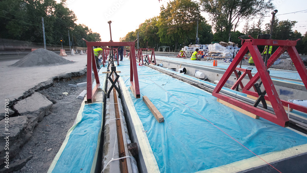 Road construction site with tram tracks repair and maintenance timelapse hyperlapse. Road construction site with tram tracks repair and maintenance timelapse hyperlapse.