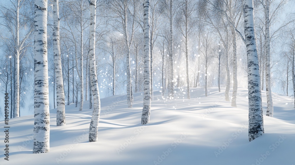A serene winter landscape featuring tall white birch trees amidst a blanket of fresh snow. A serene winter landscape featuring tall white birch trees amidst a blanket of fresh snow.