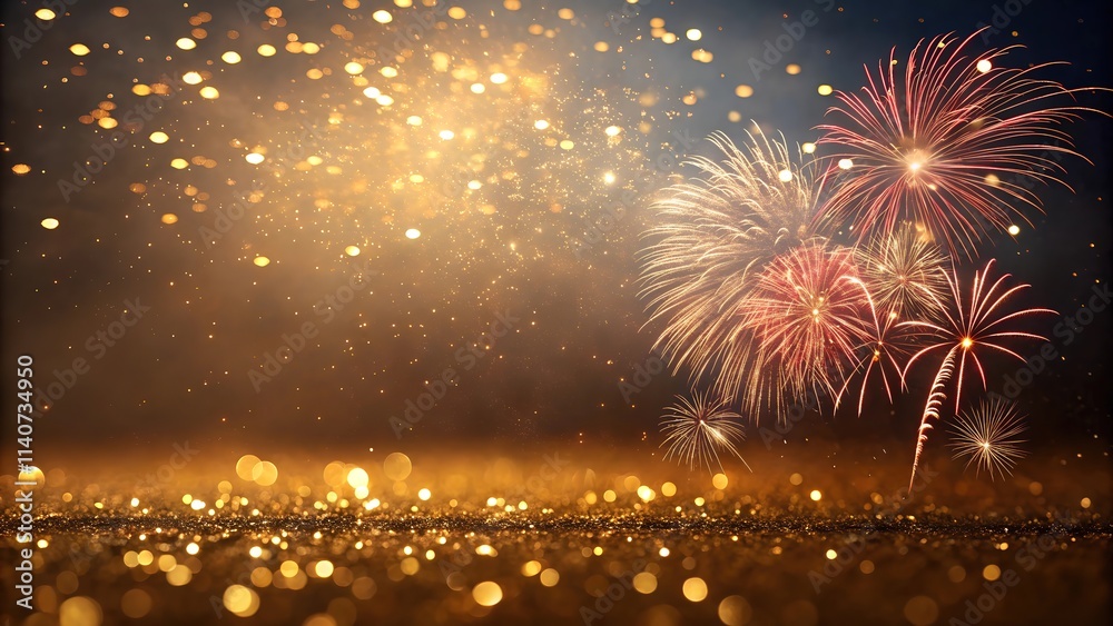 Fototapeta premium Dazzling fireworks display with golden glitter and bokeh lights against a dark night sky, perfect for New Year's Eve or other celebrations.