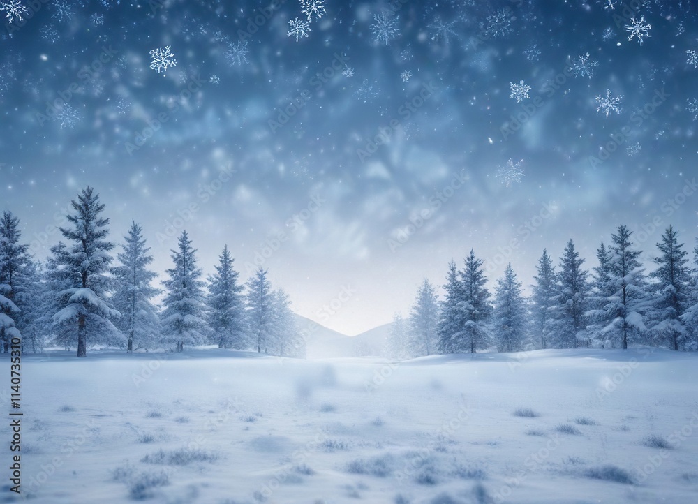 Soft focus image of an abstract blue and white gradient background with small symmetrical snowflakes falling in a winter landscape , winter chill, blue hue , calm atmosphere