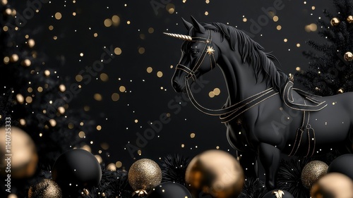 A majestic black unicorn adorned with a shimmering harness, surrounded by gold and black ornaments, set against a dark, festive backdrop.