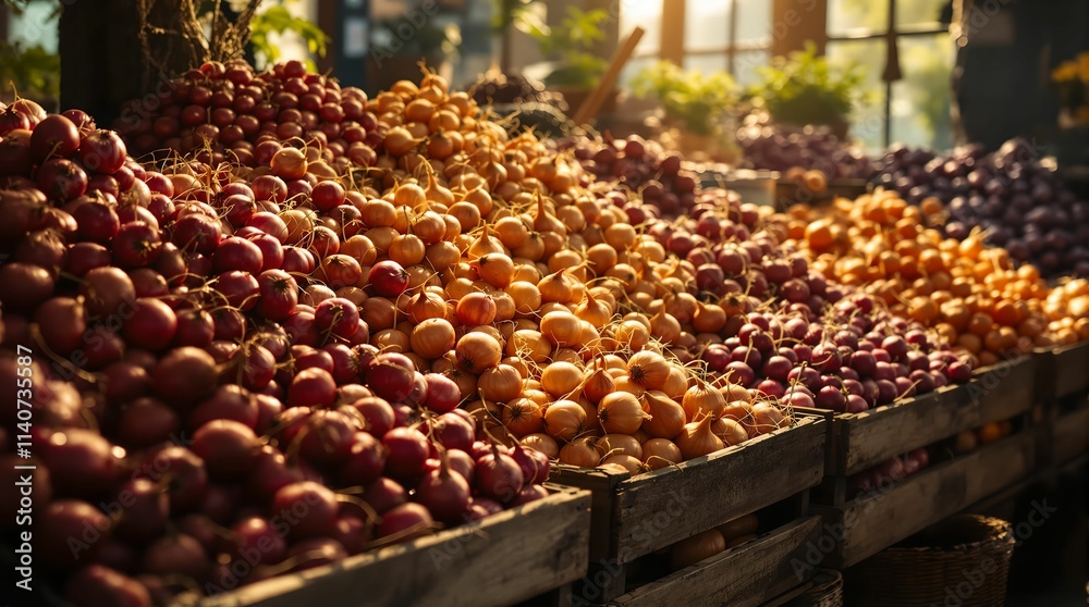 vibrant market scene with a wooden table piled high with fresh produce, including apples, oranges, and other fruits. The sunlight creates a warm, inviting atmosphere, highlighting the colors and textu vibrant market scene with a wooden table piled high with fresh produce, including apples, oranges, and other fruits. The sunlight creates a warm, inviting atmosphere, highlighting the colors and textu