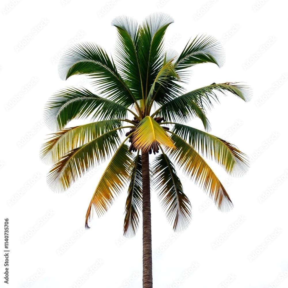 Fototapeta premium A single tall palm tree against a stark white backdrop, tree, single