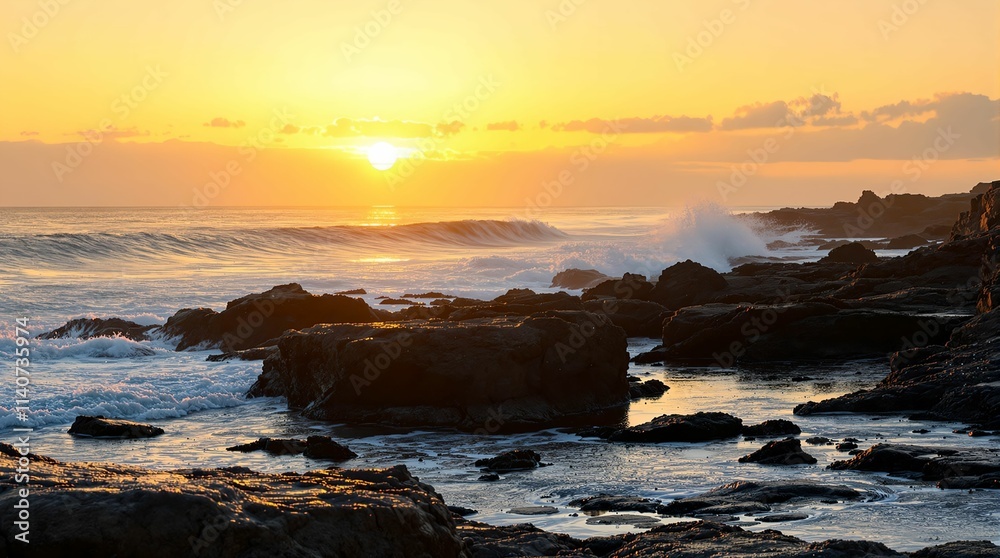 scenic coastal view during sunset with the sun near the horizon, casting a warm glow over the scene. The rocky shore is partially submerged with waves crashing against the rocks. scenic coastal view during sunset with the sun near the horizon, casting a warm glow over the scene. The rocky shore is partially submerged with waves crashing against the rocks.
