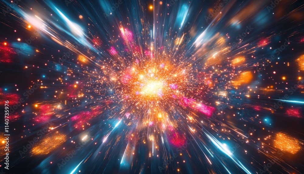 Abstract Cosmic Explosion with Bright Streaks and Glowing Particles Abstract Cosmic Explosion with Bright Streaks and Glowing Particles