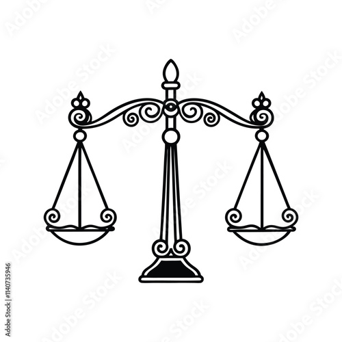 Balance Scale Illustration - Black and White Classic Line Art Symbolizing Justice, Law, and Equality