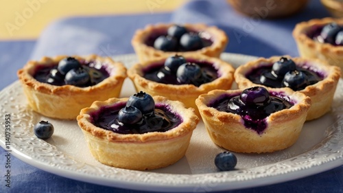 Blueberry vanilla tartlets on a bright backdrop.