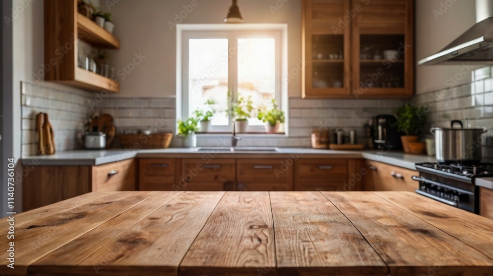 Wooden table on blurred kitchen bench background. Empty wooden table and blurred kitchen background