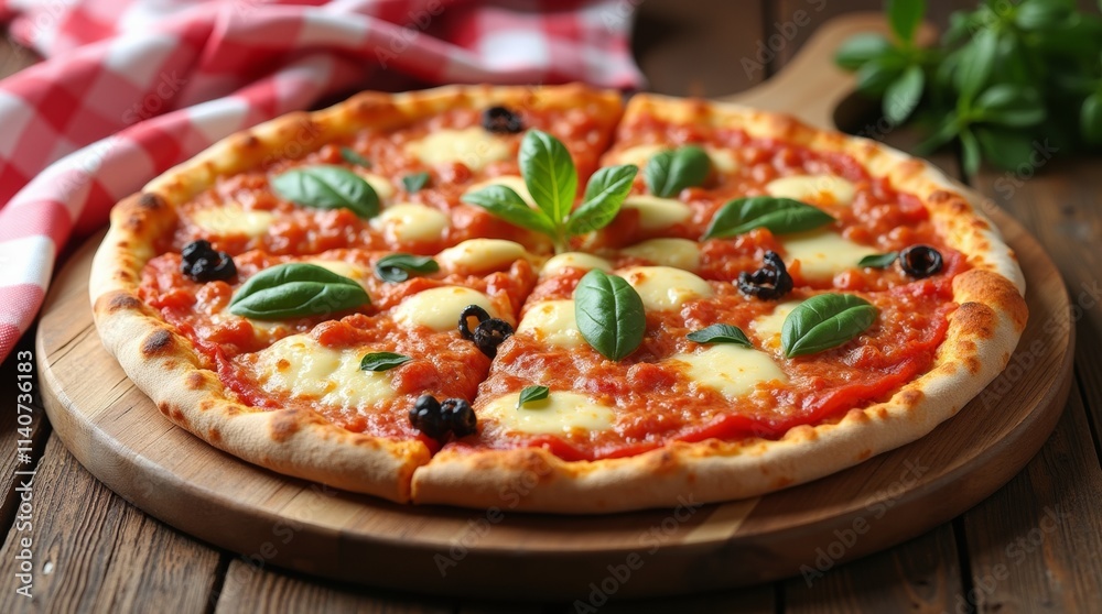 Pizza on wooden table with red and white cloth, space for text Pizza on wooden table with red and white cloth, space for text