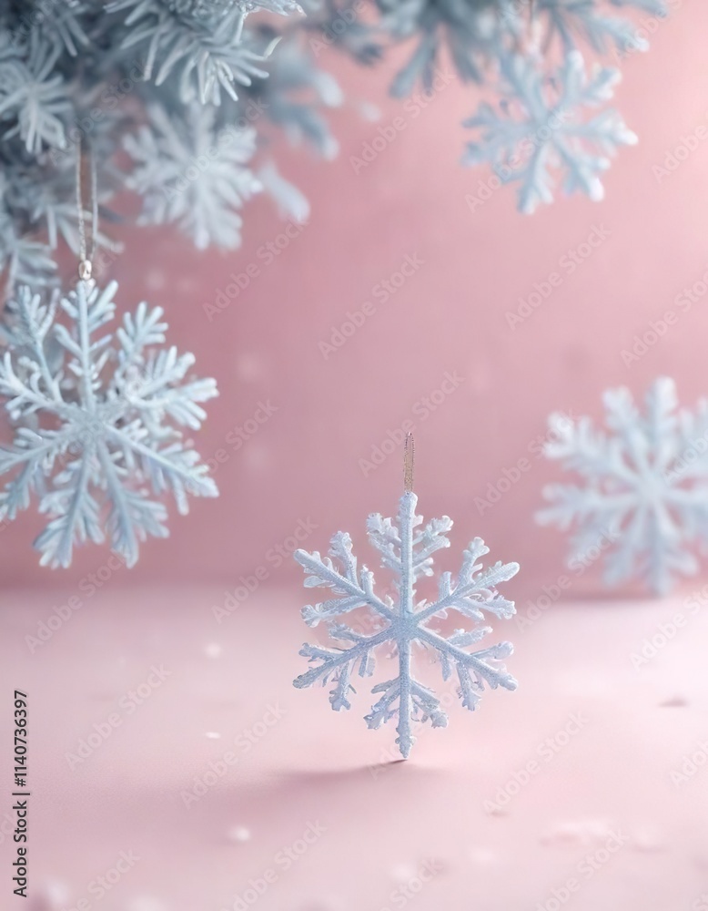 Soft pink blue pastel color background with scattered white snowflakes ornament, christmas, winter wonderland, frosty Soft pink blue pastel color background with scattered white snowflakes ornament, christmas, winter wonderland, frosty
