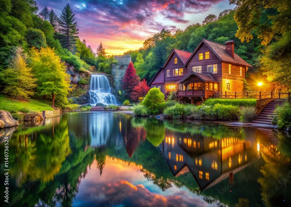 Fototapeta premium Surreal Pond & Glen Iris Inn, Letchworth State Park NY: Dreamlike Photography