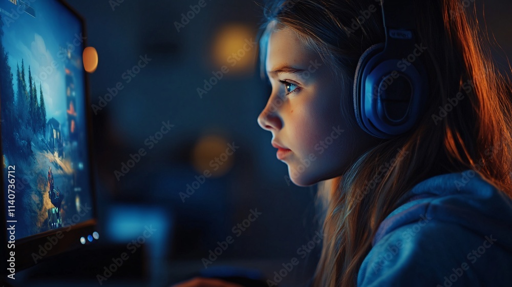 A focused Caucasian girl with long hair wears headphones while gaming, illuminated by the screen's blue light. A focused Caucasian girl with long hair wears headphones while gaming, illuminated by the screen's blue light.