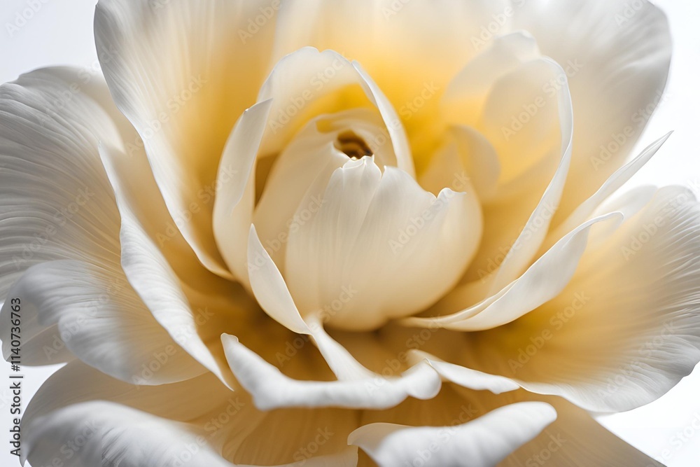 Obraz premium Close-up of a single flower with delicate petals, placed against a plain white background. The flower's details, such as the soft texture of the petals and the subtle color variations, are highlighted