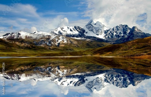 Huayna Potosi in Bolivia
Snow-capped peaks of Huayna Potosi in Bolivia reflect perfectly in a calm lake, creating a symmetrical and breathtaking landscape under a clear blue sky. photo