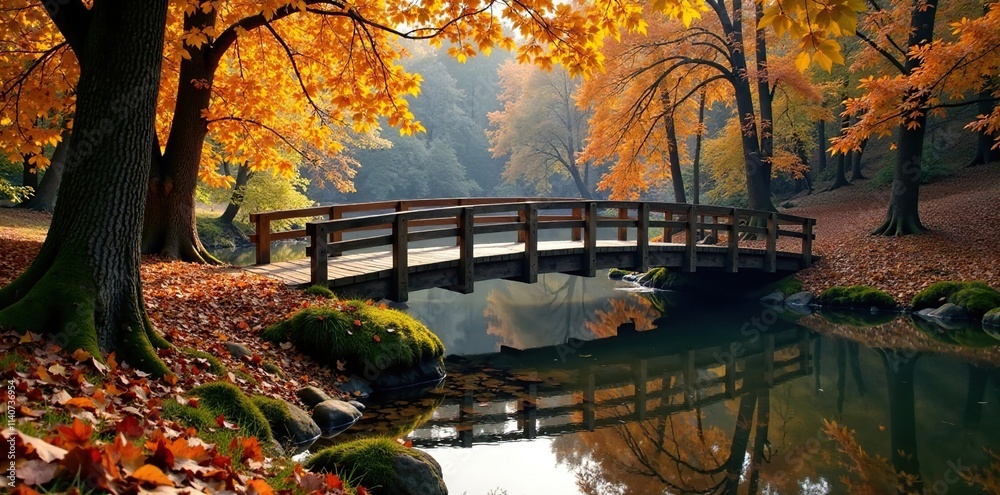 A wooden bridge with herbstlicher Dekokranz and fall leaves on the banks of a river, tree, forest, river A wooden bridge with herbstlicher Dekokranz and fall leaves on the banks of a river, tree, forest, river