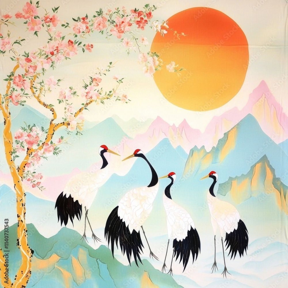 Fototapeta premium A serene painting featuring four elegant cranes against a backdrop of mountains, a vibrant sun, and delicate cherry blossoms.