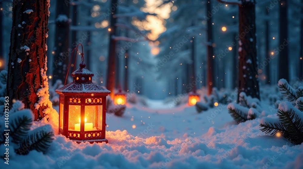 Naklejka premium Softly glowing lanterns amidst a forest of pine branches and snowy pine needles, sparkly, festive, snow