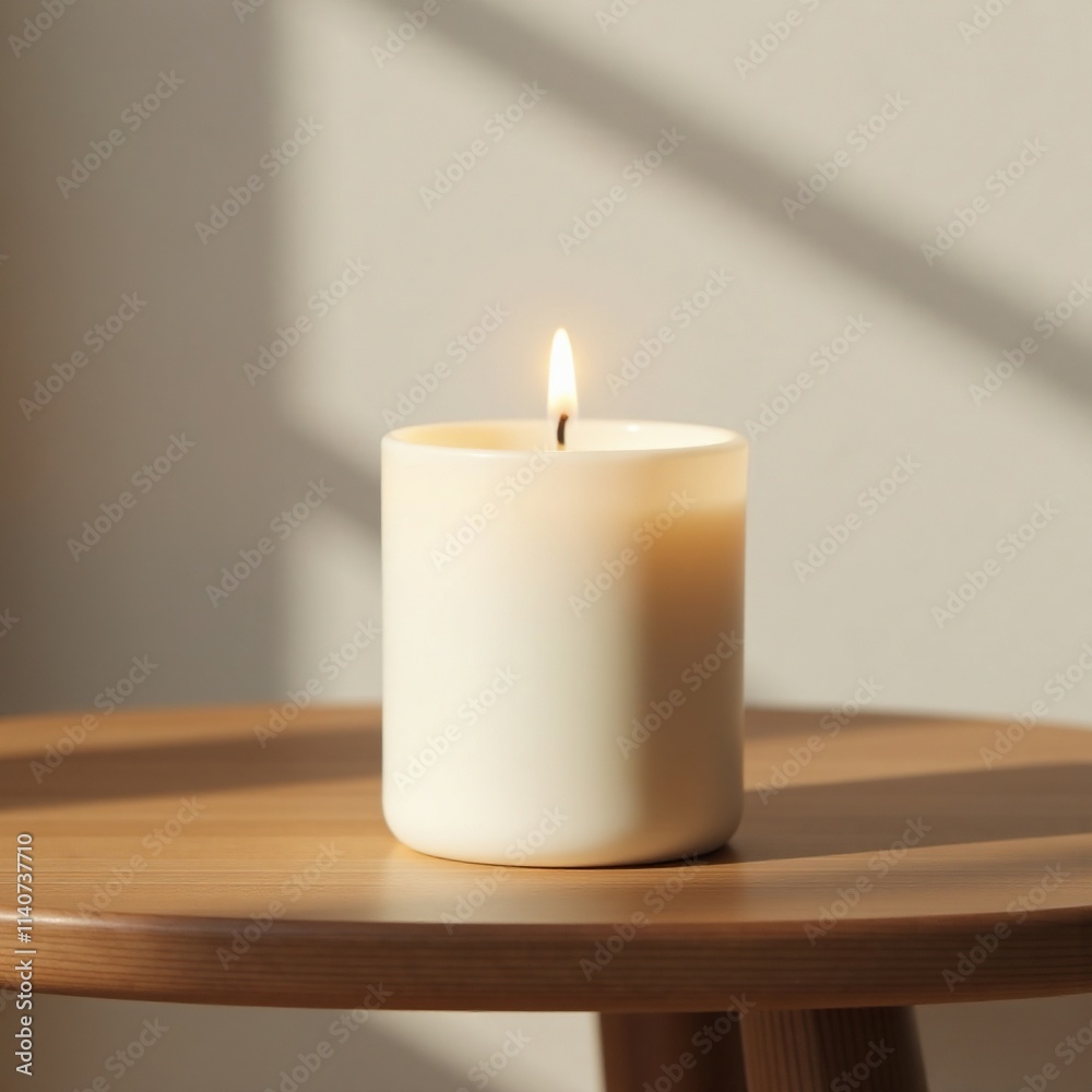 Softly glowing soy wax candle on a minimalist wooden table, candlelight, wax, white Softly glowing soy wax candle on a minimalist wooden table, candlelight, wax, white