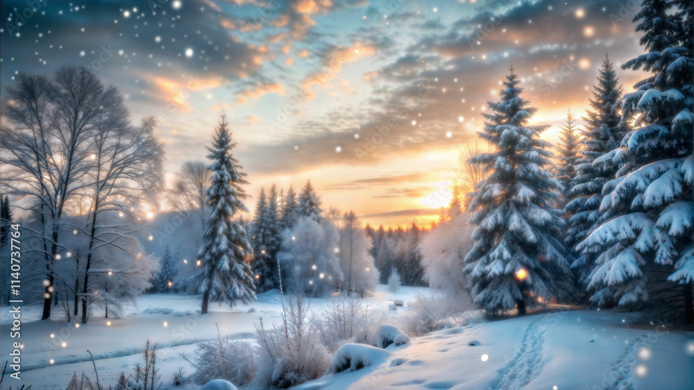 Fototapeta premium Snowy Forest Landscape at Sunrise with Falling Snowflakes