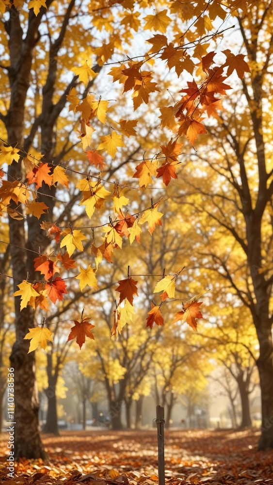 Autumn leaves pinned to a metal clothespin against a warm golden light with a few bare trees in the background, cozy ambiance, rustic decor Autumn leaves pinned to a metal clothespin against a warm golden light with a few bare trees in the background, cozy ambiance, rustic decor