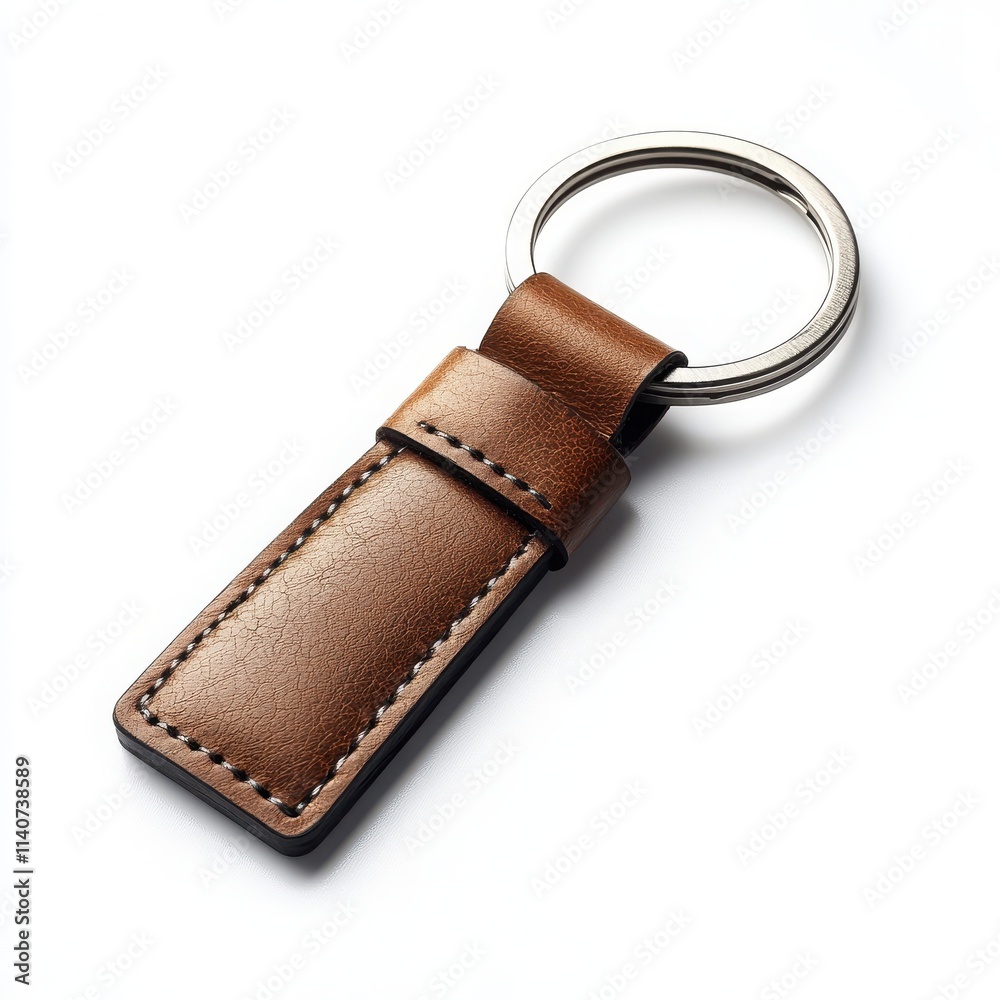 A classic leather keychain with a simple metal ring and a smooth texture on a white background A classic leather keychain with a simple metal ring and a smooth texture on a white background