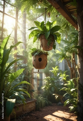 Staghorn fern and bee house with sunlight filtering through the leaves, nature, sunlight photo