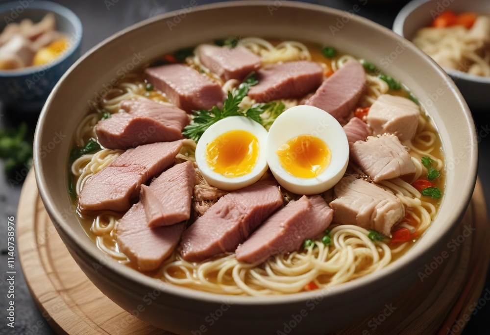 Steaming bowl of savory noodle soup filled with tender chunks of pork and boiled egg , comfort food, lunch, dinner Steaming bowl of savory noodle soup filled with tender chunks of pork and boiled egg , comfort food, lunch, dinner