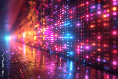 A colorful, glowing wall of lights with a bright blue spot in the middle