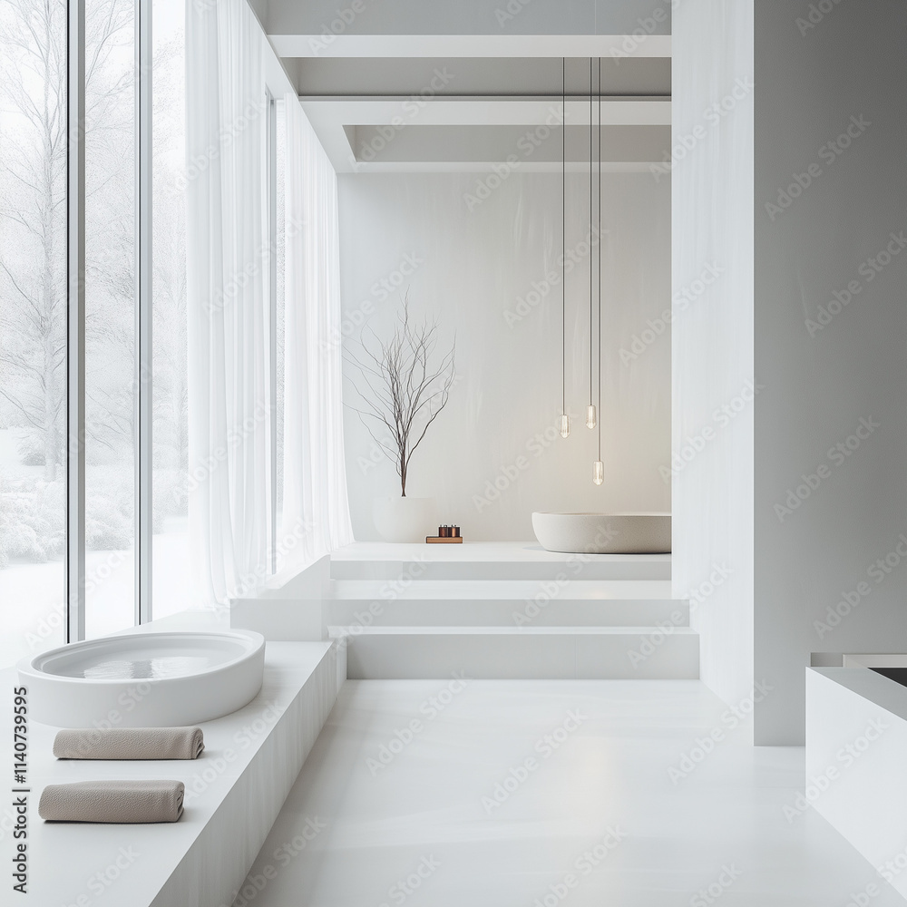 Modern Minimalist Luxury White Bathroom with Winter Atmosphere Modern Minimalist Luxury White Bathroom with Winter Atmosphere