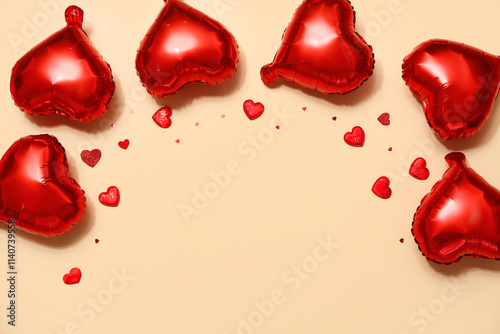 Air balloons in shape of heart on beige background. Valentine's day celebration