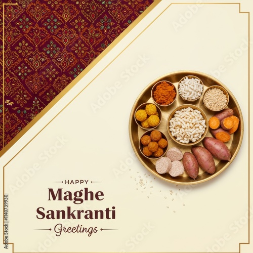 Maghe Sankranti, Makar Festival Celebration, Food Plate, Sesame Ladoo, Yam, Sweet Potato, Jaggery, Peanuts Ladoo Ghee in India and Nepal
 photo