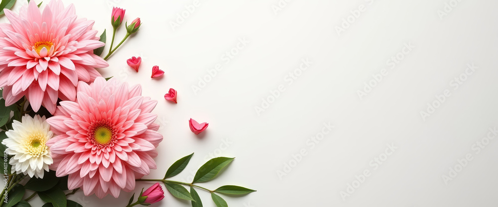 Charming dahlia flowers and hearts on a light background, perfect for creating warm banners and heartfelt messages.