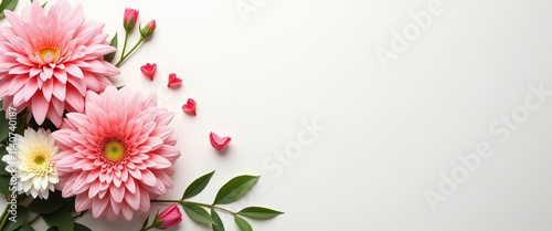 Charming dahlia flowers and hearts on a light background, perfect for creating warm banners and heartfelt messages.