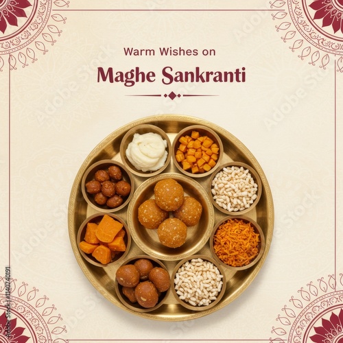 Maghe Sankranti, Makar Festival Celebration, Food Plate, Sesame Ladoo, Yam, Sweet Potato, Jaggery, Peanuts Ladoo Ghee in India and Nepal
 photo