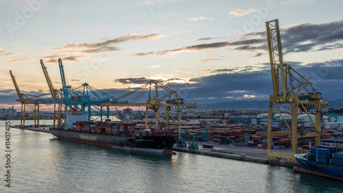 Photography Aerial view of the sea cargo port and container terminal of Barcelona timelapse, Barcelona, Catalonia, Spain