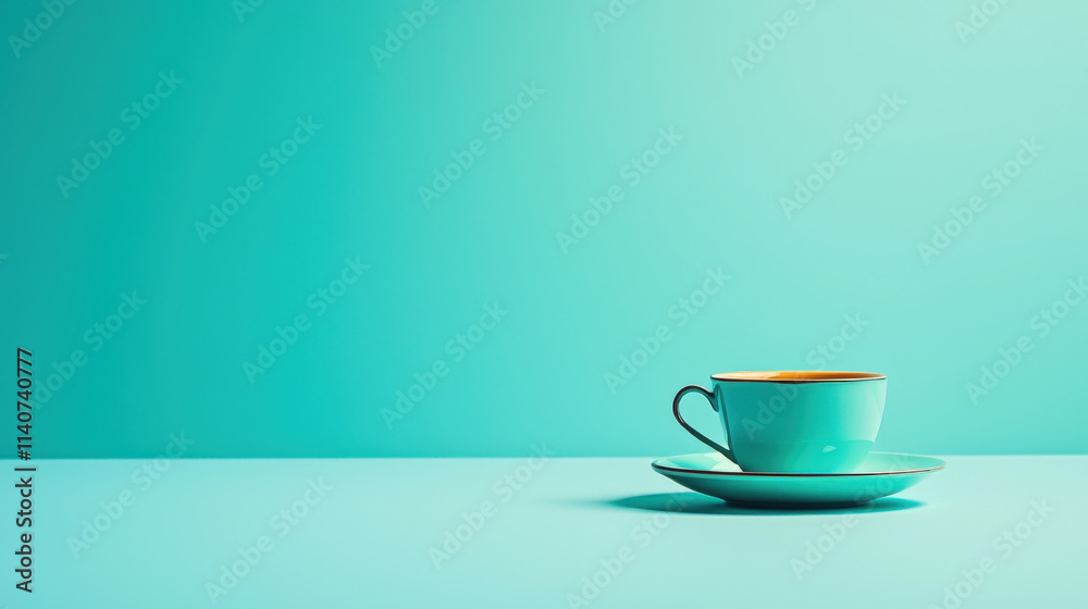 Minimalist turquoise coffee cup and saucer on a smooth turquoise surface with soft natural lighting, creating a serene and modern ambiance in the composition Minimalist turquoise coffee cup and saucer on a smooth turquoise surface with soft natural lighting, creating a serene and modern ambiance in the composition