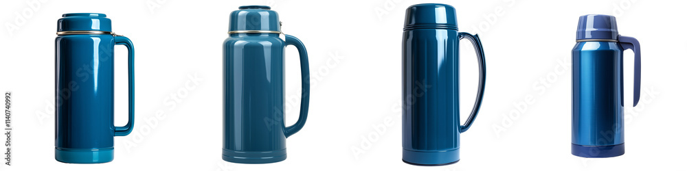 Set of A large blue metal thermos with a handle, isolated, PNG format Background Set of A large blue metal thermos with a handle, isolated, PNG format Background